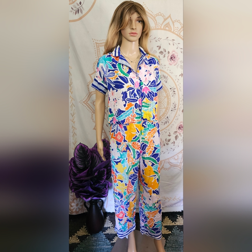 Anthropologie Multicolor Floral Pajama Set - Blue, Yellow, Pink